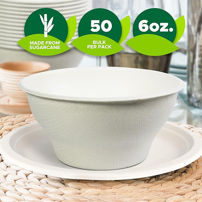 PAMI Biodegradable Sugarcane Bowls, Pack of 50 - 6oz Compostable Microwavable Paper Bowls for Hot & Cold Uses