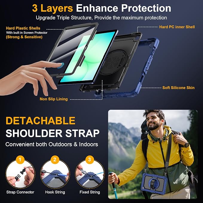 Case for Samsung Galaxy Tab A11+ Plus 11 Inch Ubearkk for Galaxy Tab A9+ Plus Case Full-Body Drop Protection Cover with Screen Protector 360° Rotating Stand and Hand/Shoulder StrapBrightblue