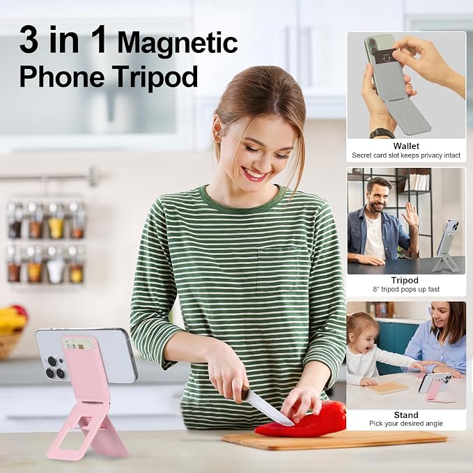 iontech Phone Stand Tripod Wallet Compatible with MagSafe iPhone 17/16/15/14/13/12 Series 3 in 1 Strong Magnetic Phone Holder PU Leather Wallet Lightweight &amp Adjustable Cell Phone Stand (Black)