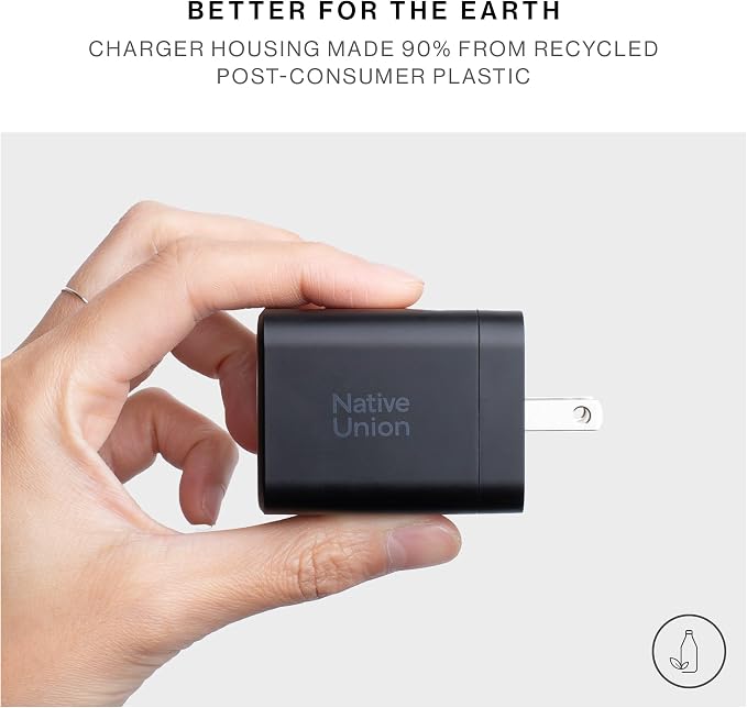 Native Union Fast GaN Charger PD 45W – Ultra-Compact Power Delivery Enabled USB-C – Made of Recycled Materials – for MacBook Air iPads iPhones Pixel Galaxy &amp Other USB-C Devices (Black)