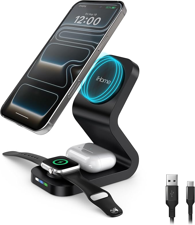 iHome 15W 3-in-1 Magnetic Wireless Charging Stand, MagSafe Compatible, Charges Up to 3 Devices