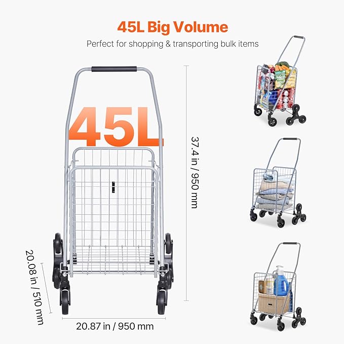 VEVOR Grocery Shopping Cart, 45L Stair Climbing Shopping Cart with 360° Rolling Swivel Wheels, Stair Climber Utility Cart with Tri-Wheels, Foldable Collapsible & Lightweight for Laundry Travel, Silver