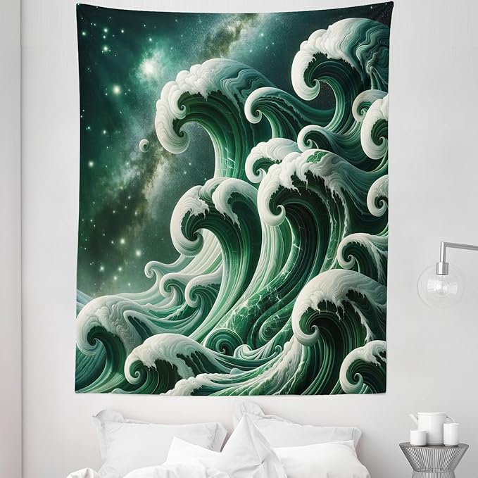 Ambesonne Green Tapestry Twin Size, Bold Marble Print Ocean Waves with a Realistic Galaxy Space Starry Sky Illustration, Wall Hanging Bedspread Bed Cover Wall Decor, 68" X 88", Dark Teal