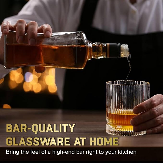 Crystal Old Fashioned Whiskey Glasses Set of 6, 12 Oz Ribbed Bourbon Glass, Ultra-Clarity Double Base Liquor Vodka rocks Cocktail Scotch Tumbler Bar Glasses Set