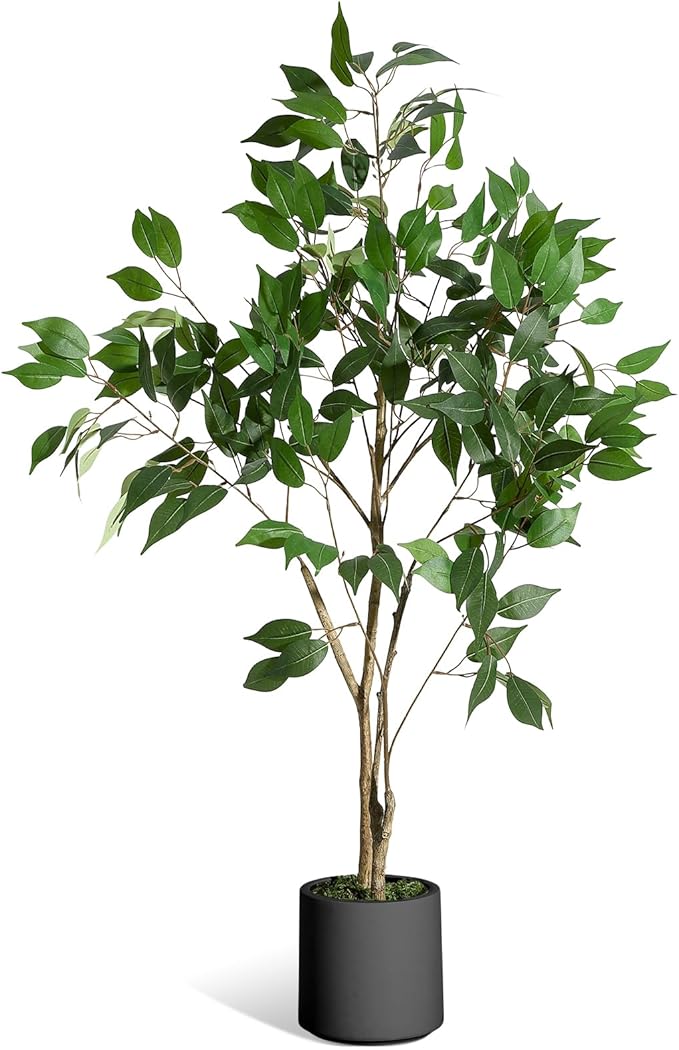 4FT Ficus Trees Artificial Indoor, Faux Silk Plant with Natural Wood Trunk and Lifelike Fruits, Black Imitation Ceramic Planter with Green Fake Moss for Modern Home Office Living Room Decor