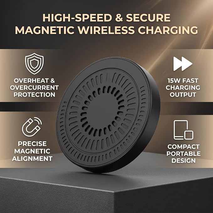 Magnetic Wireless Charging Pad 15W Fast Charging with Overcurrent Overheat Protection and Built in Magnet for iOS 16 17 Phone Wireless Device (Black)
