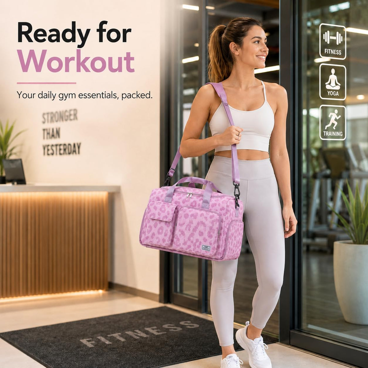 FIORETTO Women's Gym Duffle Bag with Shoes Compartment, 30L Capacity, Ideal for Travel, Gym, Sports, Duffel, Weekender, Leopard Pink
