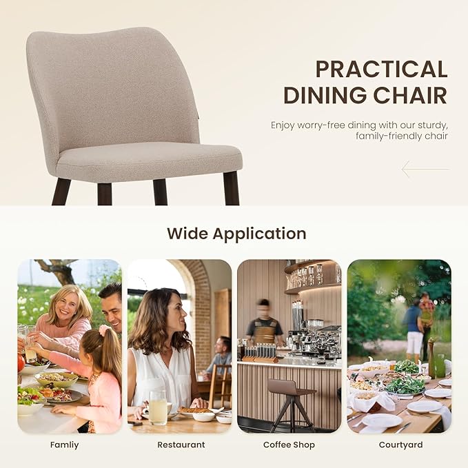 Wooden Dining Chairs Set of 2, Upholstered Kitchen Dining Room Chair, Modern Fabric Farmhouse Dinner Chair for Restaurant & Cafe, Camel