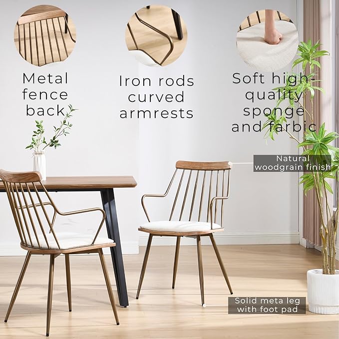Modern Dining Chairs Set of 2, Upholstered Dining Chairs with Metal Leg, Wood Kitchen Chairs with Fence-Like Back and Curved Arm for Dining Room Kitchen Restaurant Reception (Beige)