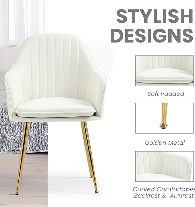 ECOTOUGE Modern Dining Chairs Set of 2, Upholstered Dining Room Chairs with Golden Metal Legs, Matte Velvet Kitchen Chairs for Dining Table, Accent Chairs for Living Room, Beige