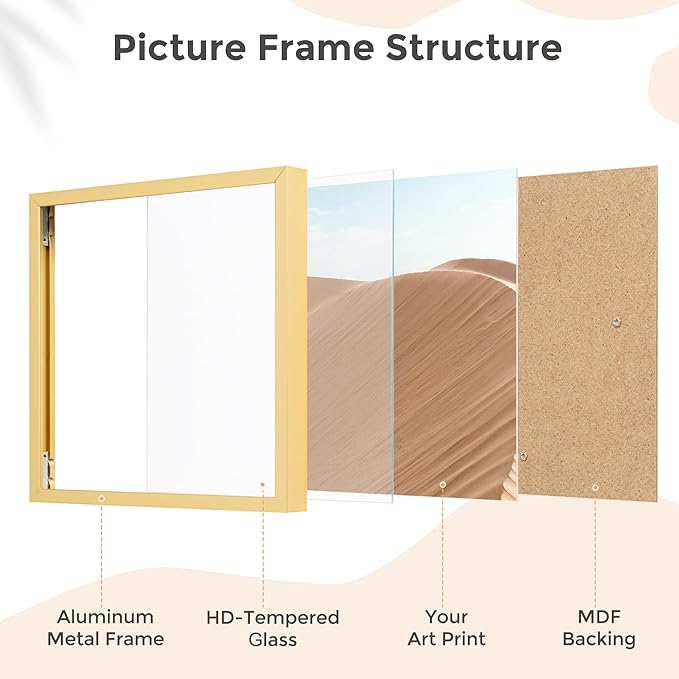 6x6 Metal Picture Frame - Gold Aluminum Square Frames with Real Glass, Wall Mounting Horizontally or Vertically, Simple and Elegant Decor for Wall Gallery Poster Photo Frames, Gold
