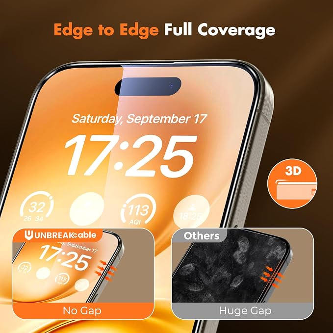 UNBREAKcable 3-Pack Screen Protector for iPhone 15 Double Shatterproof Tempered Glass [Easy Installation Frame] [99.99% HD Clear] [9H Hardness] [Full Coverage] [Case Friendly] for Apple 15 6.1 inch