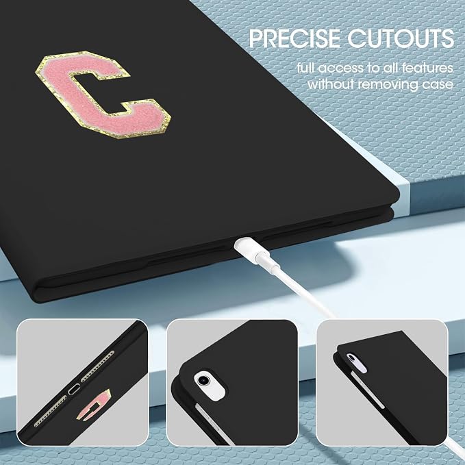 for iPad 9th Generation 10.2 Inch 2021/2020/2019 Case Initial Chenille Letter Suture Personalized for iPad 9th/8th/7th Generation Case with Auto Sleep/Wake Pencil Holder (Black A)
