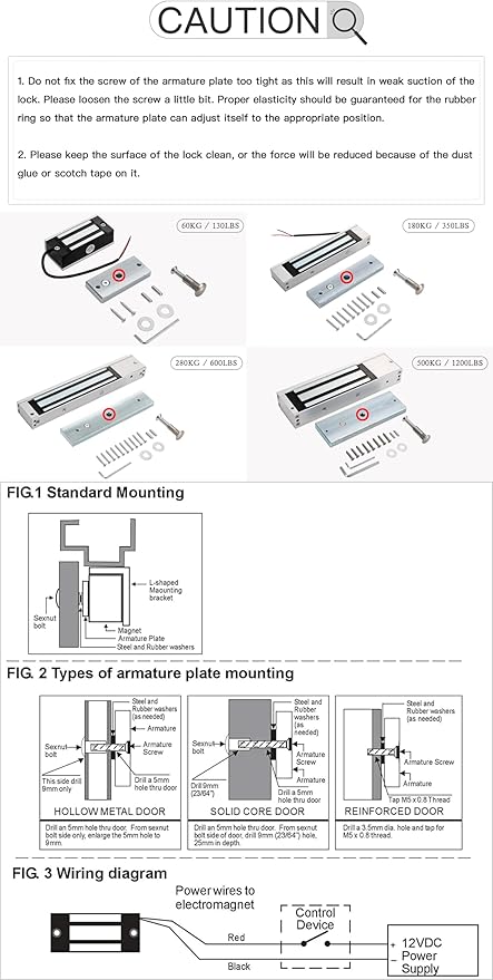 Electric Magnetic Lock 60KG 130LBS Holding Force Electromagnet Lock 12V Fail Safe NC Mode Single Door for Access Control System/Metal Door/Fire Proof Door/Wooden Door/Glass Door etc. (60KG/130LBS)
