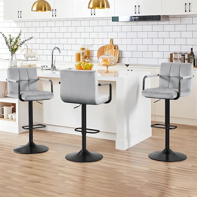Furnimart Adjustable Bar Stool Swivel Barstools Set of 4 Counter Stools with Armrest and Footrest Upholstered Bar Chairs for Kitchen and Dining Room