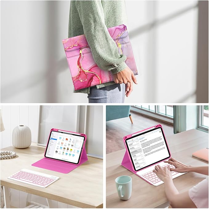 Soke for iPad (A16) 11th/10th Gen Case with Keyboard Black Marble | For iPad 11/10.9 inch(2025/2022) 7 Color Backlight Magnetic wireless Detachable Keyboard Case Built-in Pencil Holder