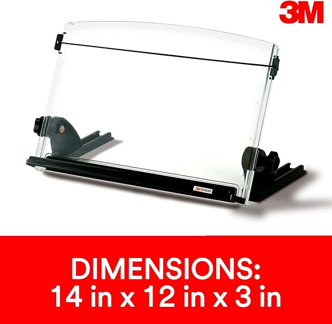 3M Adjustable Document Copy Holder, In-line with Monitor Minimizing Head and Neck Movement, 150 Sheet Capacity Holds Sheets to Books, Elastic Line Guide Keeps Pages Open, 14" Wide, Black (DH630) - Black/Clear