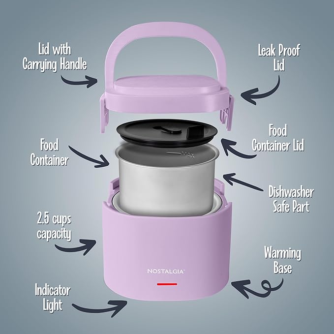 Nostalgia Portable Heated Lunch Box – 2.5-Cup Stainless Steel Food Warmer – Detachable Cord, Leak-Proof Lid, Carry Handle – Portable for Work & Travel – Lavender