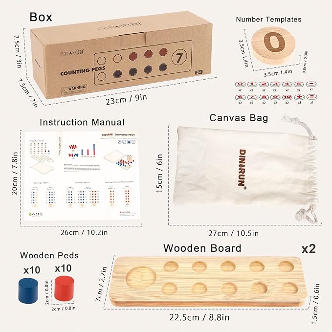 DINORUN Montessori Toys for 3 4 5 Year Old Boy Girl Birthday Gifts - Counting Peg Board for Kids 3-5-7 - Wooden Learning Math and Numbers Manipulatives Materials for Preschool Teacher Classroom