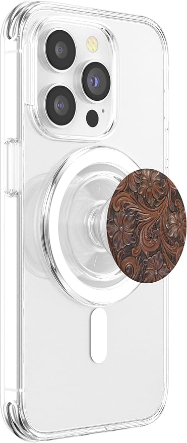 Western Brown Tooled Floral Print PopSockets Adhesive PopGrip