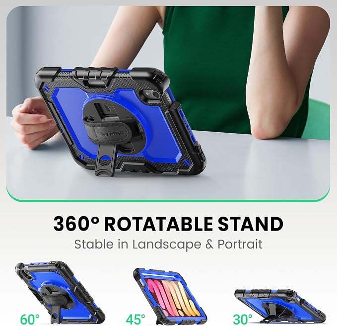 SEYMAC for iPad 9th/8th/7th Generation Case 10.2 2021-2019 Full-Body Shockproof Protective Case with Screen Protector Rotating Stand/Handle/Shoulder Strap for iPad 10.2 Blue/Black