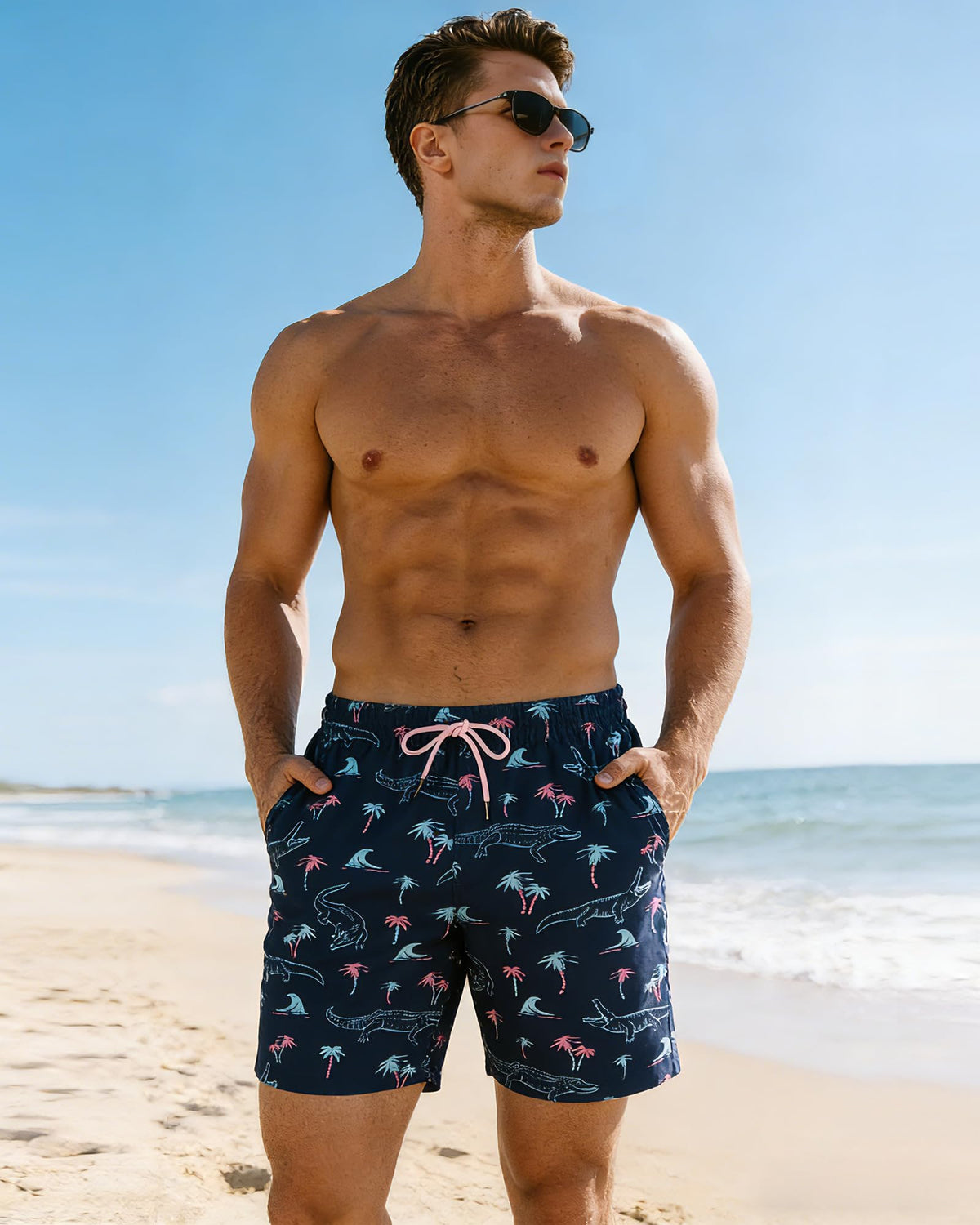 SURF CUZ Men's Neon Crocodile 7" Quick Dry Swim Trunks with Compression Liner, 2 Side Pockets, Drawstring, Adult, Men, Small, Crocodile