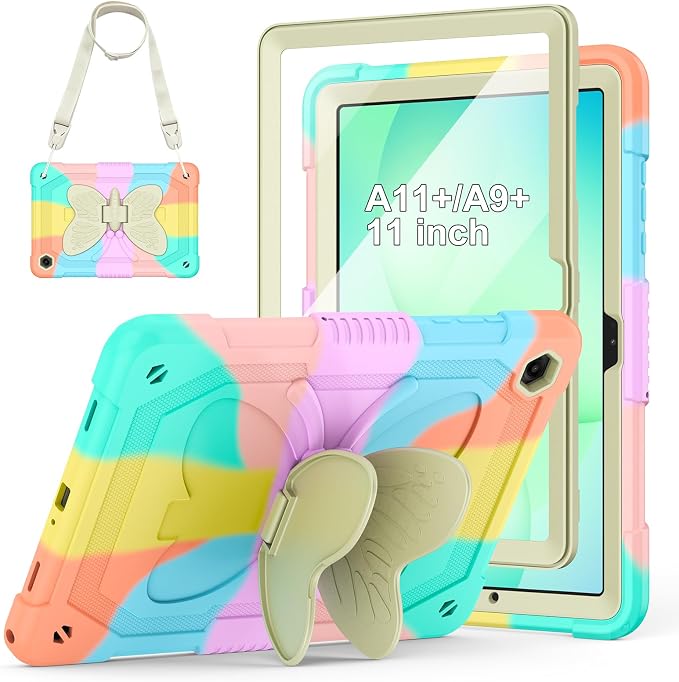 Cover for Samsung Galaxy Tab A11+ Plus/A9+ Plus Case with Screen Protector Galaxy Tab A11+/A9+ 11 inch 2025/2023 Released with Butterfly Stand Shoulder Strap Shockproof case for Kids Girl Colorful