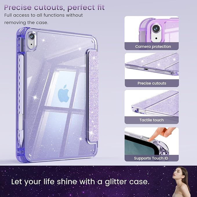Case for iPad A16 11th/10th Generation 2025/2022 Purple | Glitter Shockproof 10th gen ipad case with Pencil Holder Trifold Stand Auto Wake/Sleep Sparkly ipad a16 case clear