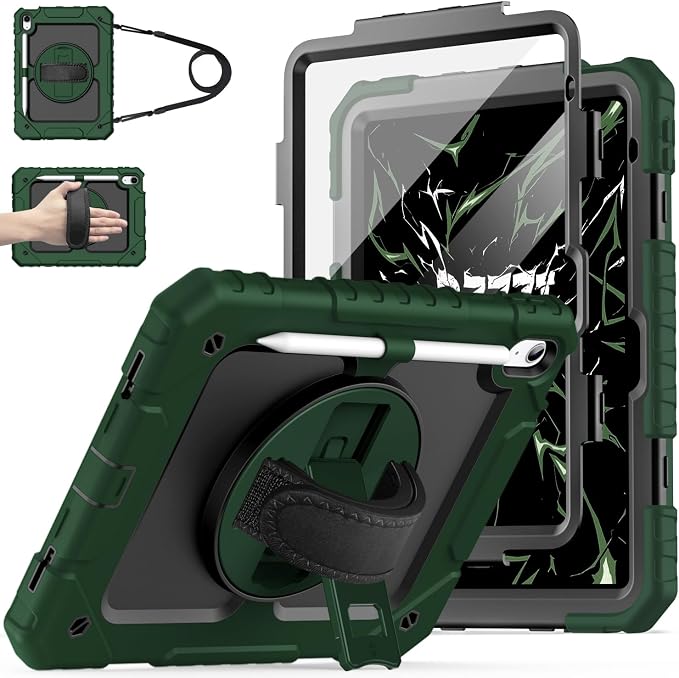 Cantis Case for iPad 9th/8th/7th Generation with Screen Protector iPad 10.2 Case 2021/2020/2019 with 360 Degree Rotating Stand/Shoulder Strap/Pencil Holder Alpine Green