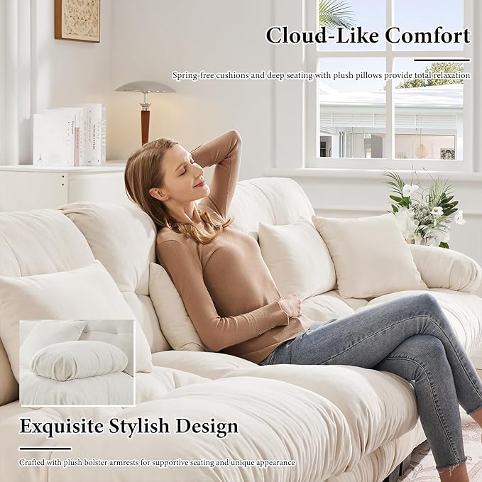 173.2" Oversized Couch, 4 Seater Modular Sectional Sofa, White Large L Shaped Fluffy Couch Set, Chenille Cloud Sofas with Ottoman for Living Room