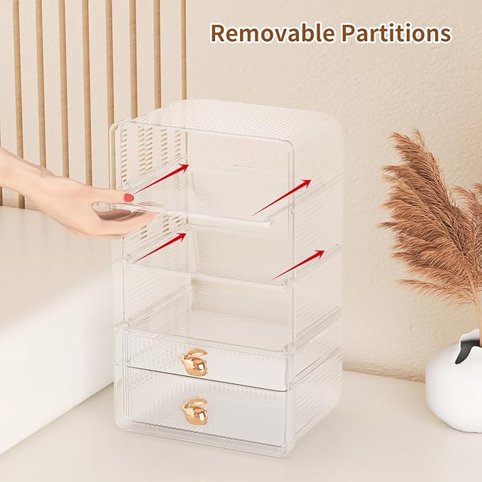 Large Makeup Organizer Countertop with 2 Drawers, Adjustable Tier Height, Bathroom Storage and Organization, Clear Vanity Shelves for Cosmetics Skincare Jewelry Dresser Bedroom Pantry