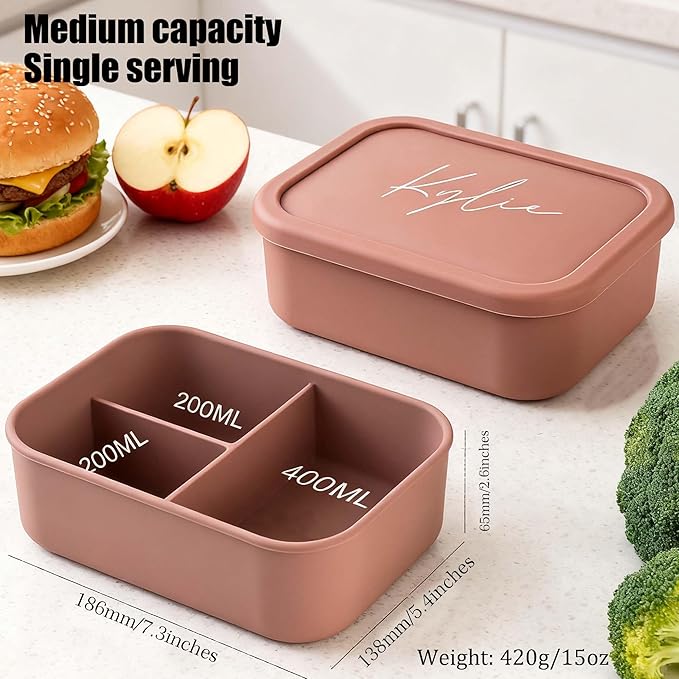 Blireana Custom Silicone Bento Box | Personalized Lunch Box with Engraved Name/Logo | Lunch Containers for Work Travel Outdoor with 3 Compartment