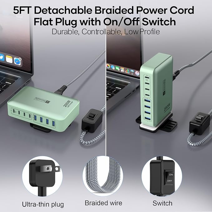 8-Port Multi Charging Stations 200W with Flat Plug Braided Power Cord and On/Off Switch- USB Charging Hub for iPhone iPad MacBook and More- 65W C Port Power Adapter for Laptops