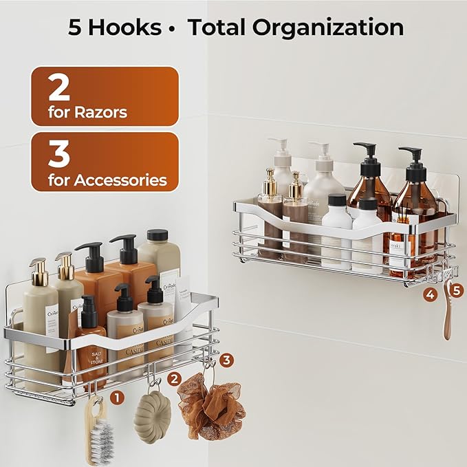 Orimade Shower Caddy Basket Shelf Storage Rack Pack of 2, No Drilling Wall Mounted Adhesive Rust Proof Stainless Steel Shower Organizer with 5 Hooks for Bathroom, Toilet, Kitchen