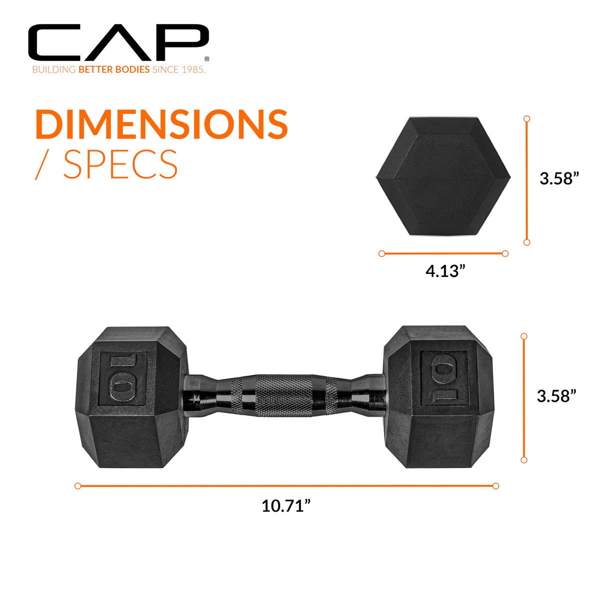 CAP 10 LB Rubber Coated Hex Dumbbell Weight, Rubber Hand Weights for Home Gym Strength Training, Black Oxide Handle, Pair