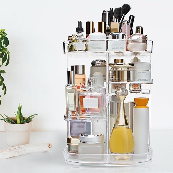 AMEITECH 360-Degree Makeup Organizer, DIY Adjustable Rotating Cosmetic Storage Carousel Spinning Holder Storage Rack with 5 Layers Large Capacity, Best for Countertop, Square