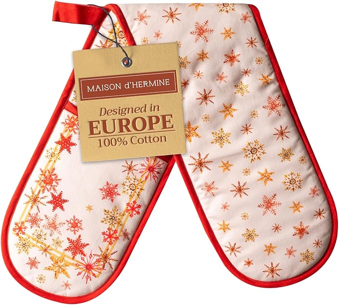 Maison d' Hermine Double Oven Mitt (7" x 35") 100% Cotton Heat Resistant BBQ Cooking Gloves with Loop for Thanksgiving Christmas Decorations Baking Cooking Barbeque Handling Hot Pan (Crystal Star)