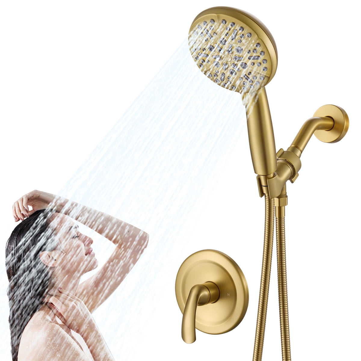 BRAVEBAR Single-Handle Gold Shower Faucet Set - Brushed Gold Shower Head and Handle Set, Shower Trim Kit with 7 Modes Handheld Shower Head System, Faucet Shower Fixtures with Valve Included