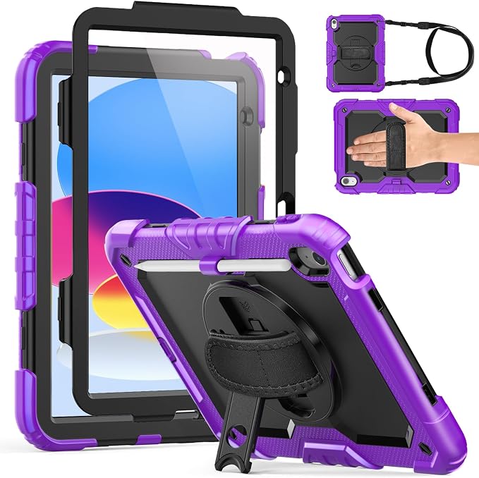 Weuiean Case for iPad A16 11th/10th Generation 11/10.9 Military-Grade Heavy-Duty Shockproof Cover with 360° Rotating Stand Built-in Pencil Holder &amp Adjustable Hand/Shoulder Strap - Black