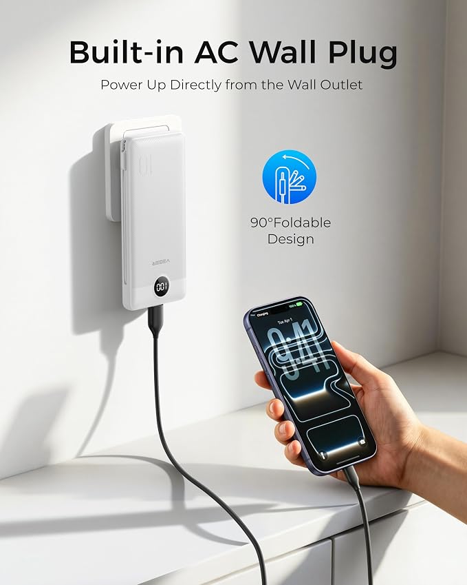 VEGER Portable Charger for iPhone Power Bank Built in Cable and Wall Plug | 10000mAhUltra Slim&ampCompact5 OutputsLED DisplayFlight-SafeTravel Essentials Battery Pack for iPhone 17iPad Samsun