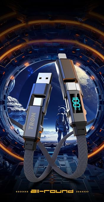 TRON 4-in-1 Braided Charger Cable 100W 5FT Type-C/USB-A/L Port for iPhone/iPad/Android/Laptop LCD Display TR52