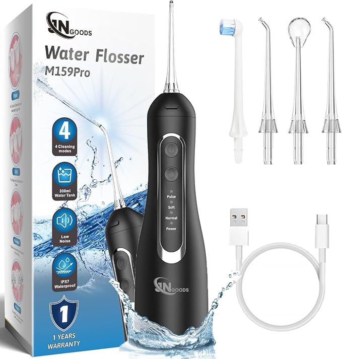 JNGOODS Cordless Water Dental Flosser Oral irrigator,JNGOODS 300ml Rechargeable Water flosser for Teeth IPX7 Waterproof 4 Modes Portable Oral Irrigator with 4 Jet Tips, Travel Home use