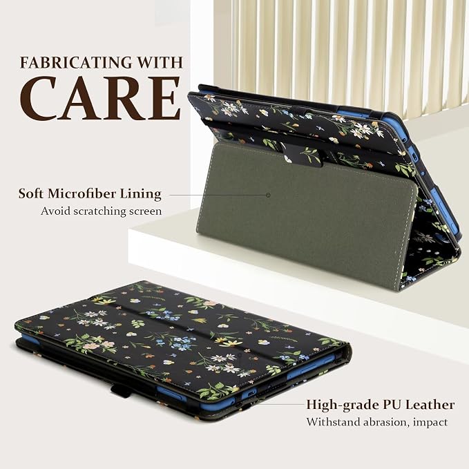 Fancity Case for Kindle Fire HD 10/10 Plus 13th/11th Generation 2023/2021 | Premium PU Leather Protective Case with Adjustable Angles Auto Wake/Sleep Hand Strap for Fire HD 10/10 Plus Black Floral