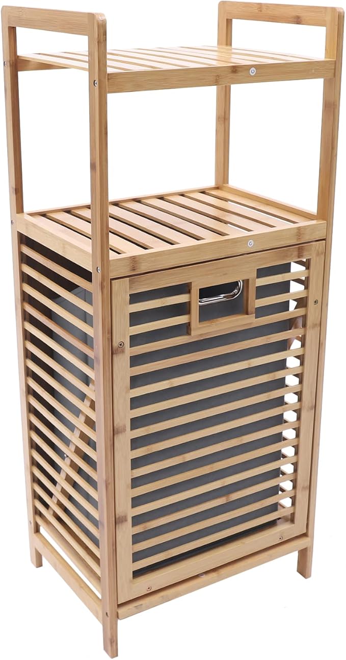 3-Tier Organizer Storage Shelf with Bamboo Frame and Pull Out Fabric Baskets Storage Drawers Unit,Laundry Towel Hamper Cabinet Tower Three Part Compartment Sorter Basket (2-Tier,Style 1)