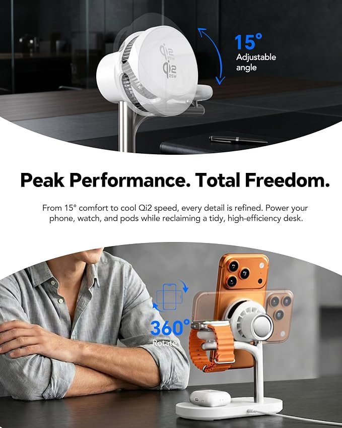 Qi2.2 25W 3 in 1 Mag-Safe Charger with TEC Active Cooling Charging Station | Qi 2 Wireless Charger Fast Charging for iPhone 17-8Galaxy S26/Note/Z Fold Flip8Apple/Samsung WatchPods/Buds(45W Adapter)