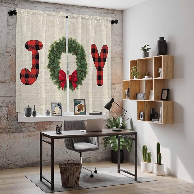 Red Green Christmas Window Curtains 63 Inch Long 2 Panel Set, Rod Pocket