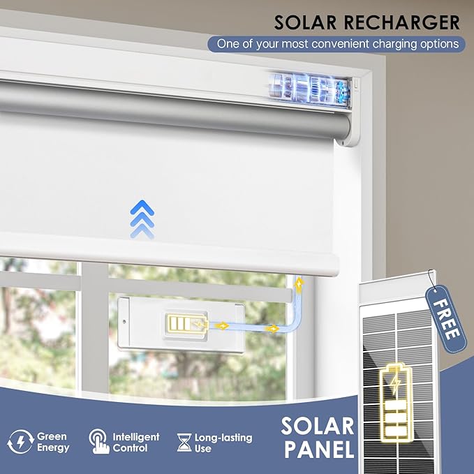 Motorized Roller Blinds with Remote Control & Solar Panel - 100% Blackout Smart Blinds, Automatic, Cordless, Electric Shades - Compatible with Alexa -White