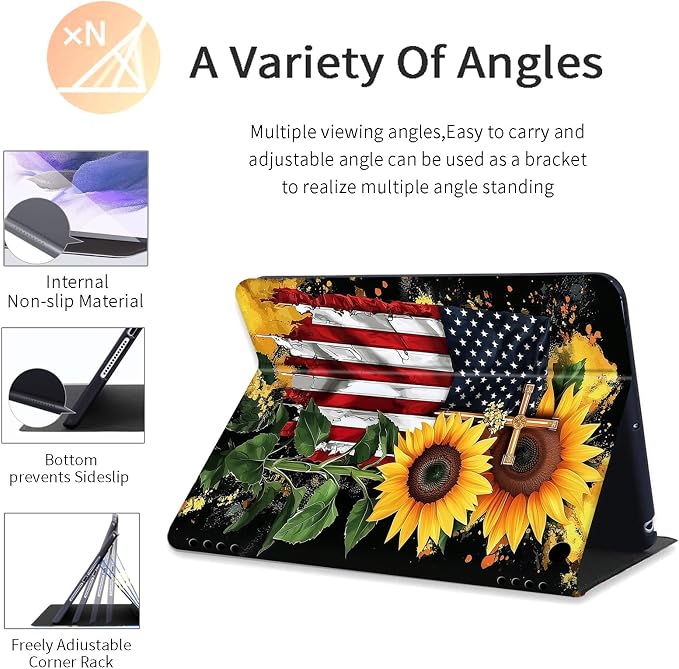 DEGDFSGR for Amazon Fire HD 10 Tablet 10 Plus Tablet Case (13th/11th Generation 2023/2021 Release) with Adjustable StandAuto Sleep/Wake for Kindle Fire 10 Case 10.1 inchAmerican Flag Sunflower Cross