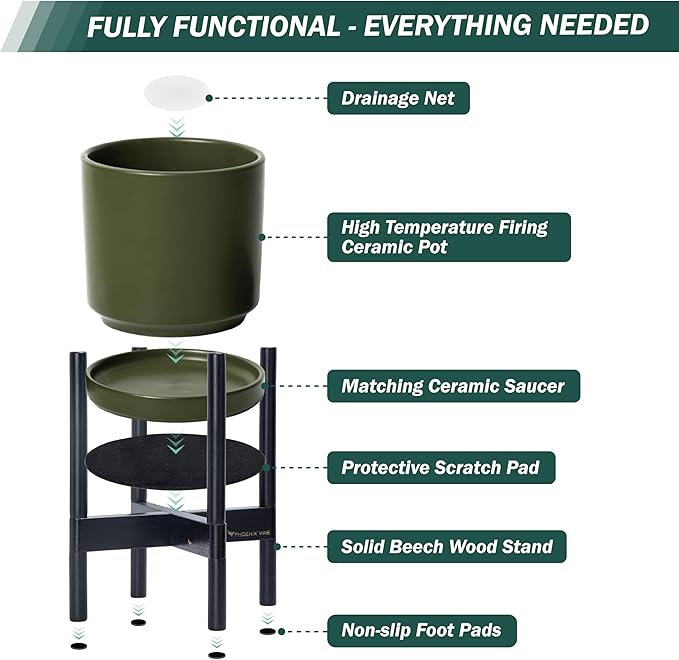 D'vine Dev Ceramic Planter with Ebony Stand - 12 Inch Modern Round Flower Pot with Wood Planter Holder, Olive, 55-B-H-J