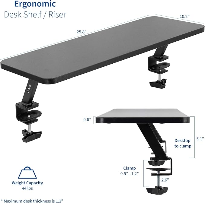 VIVO Black Clamp-on Small 26 inch Ergonomic Desk Shelf, Single Computer Monitor Stand Riser - Desk Organizer Holds 1 Screen or Laptop STAND-SHELF24B